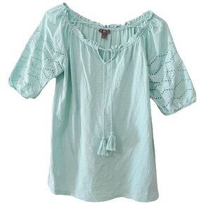 100% Cotton Aqua Mint Green Eyelet Embroidered Sleeve Peasant Blouse Size Small